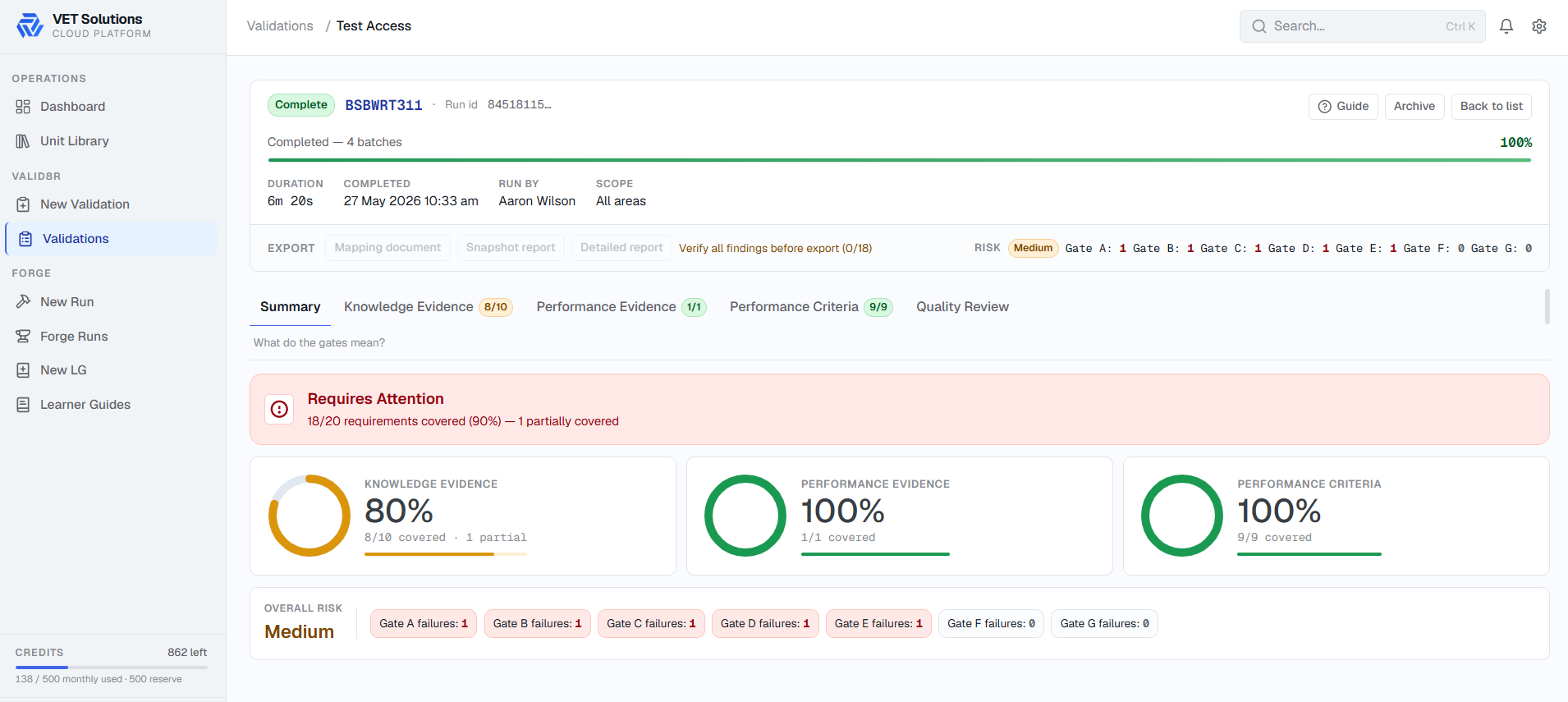 VET Solutions Cloud validation results showing knowledge evidence, performance evidence, and performance criteria coverage